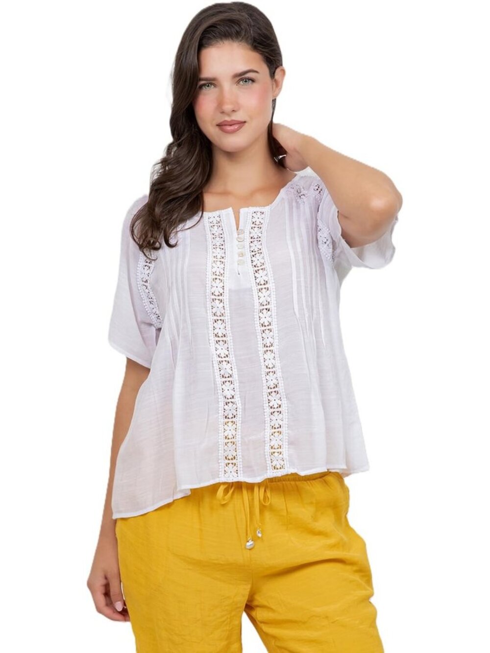 Boho Chic Pleated Lace Panel Blouse for Women - Trendy & Stylish Top